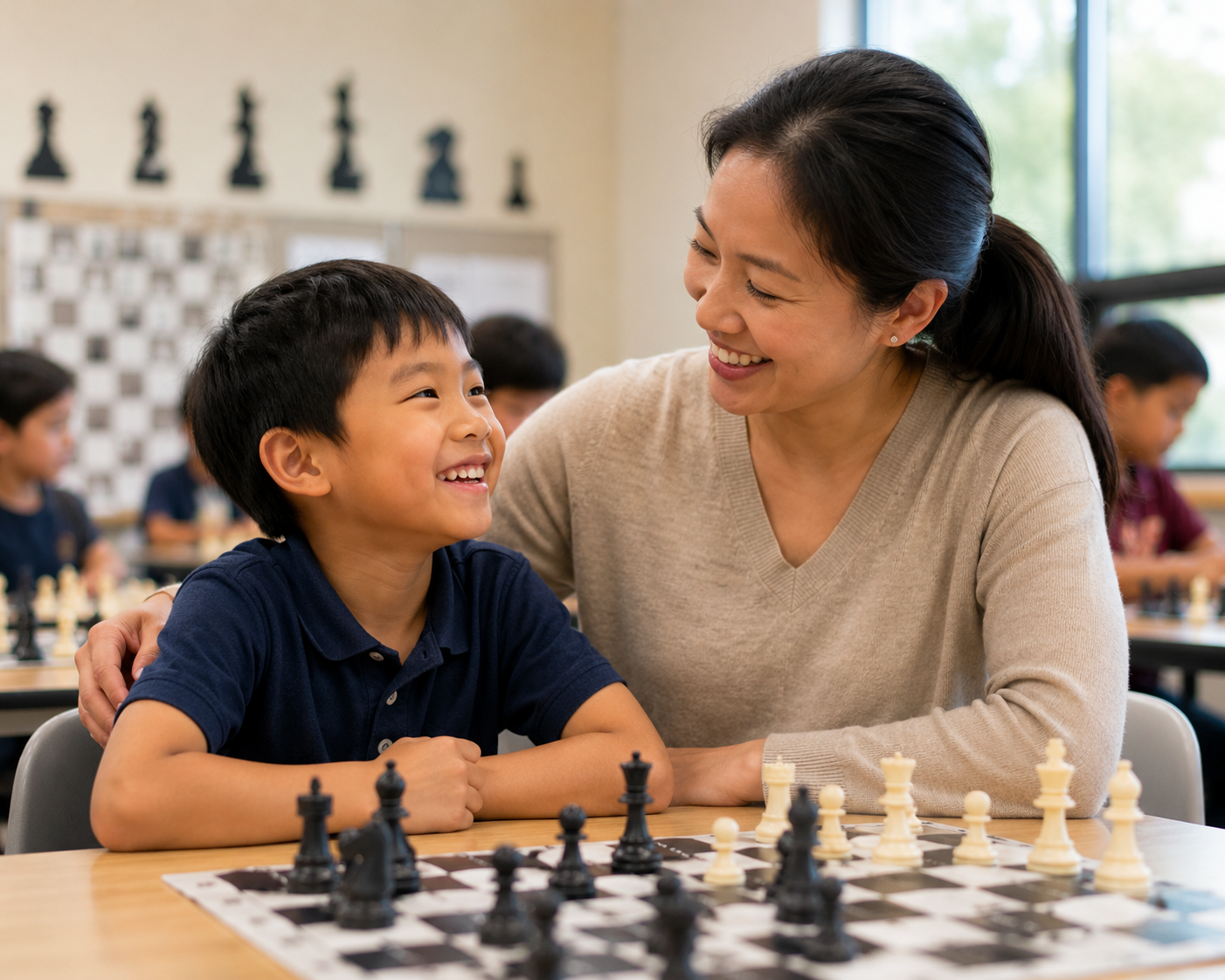 A coach smiling with a young student over a chess board during a MiniMasters club session